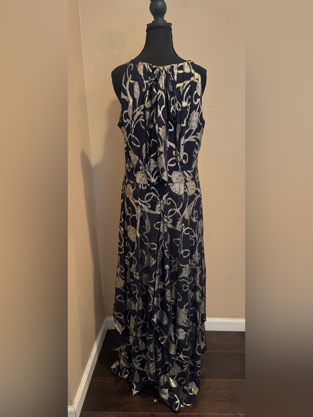 Queen Navy & Gold Metallic Foil Knit Jacquard Gown W/Halter Neck Fitted Waist
